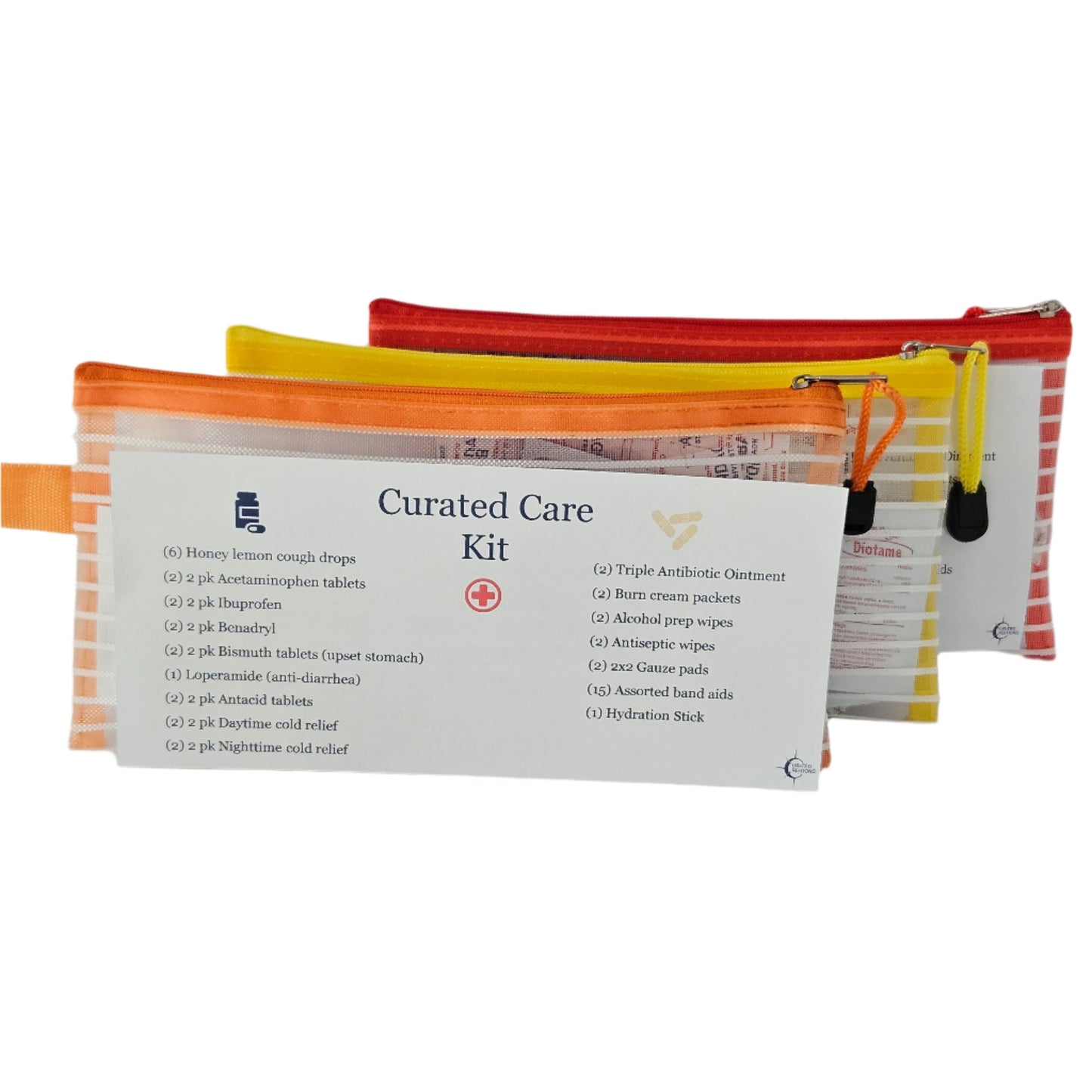 Curated Care Kit: Hand selected wellness items for cough and cold, fever, upset stomach, along with first aid essentials.