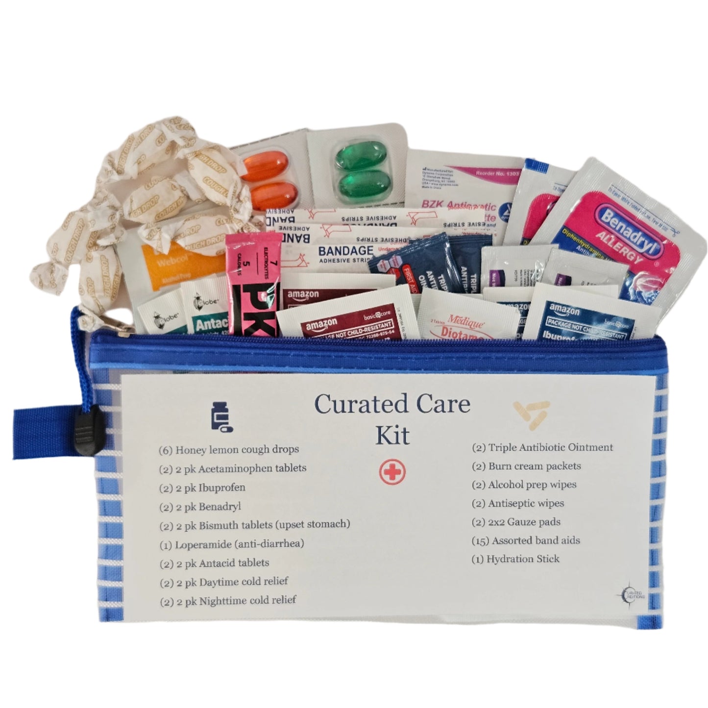 Curated Care Kit: Hand selected wellness items for cough and cold, fever, upset stomach, along with first aid essentials.
