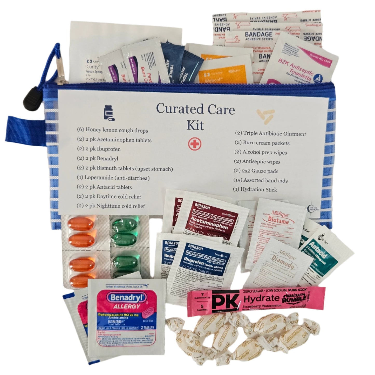 Curated Care Kit: Hand selected wellness items for cough and cold, fever, upset stomach, along with first aid essentials.