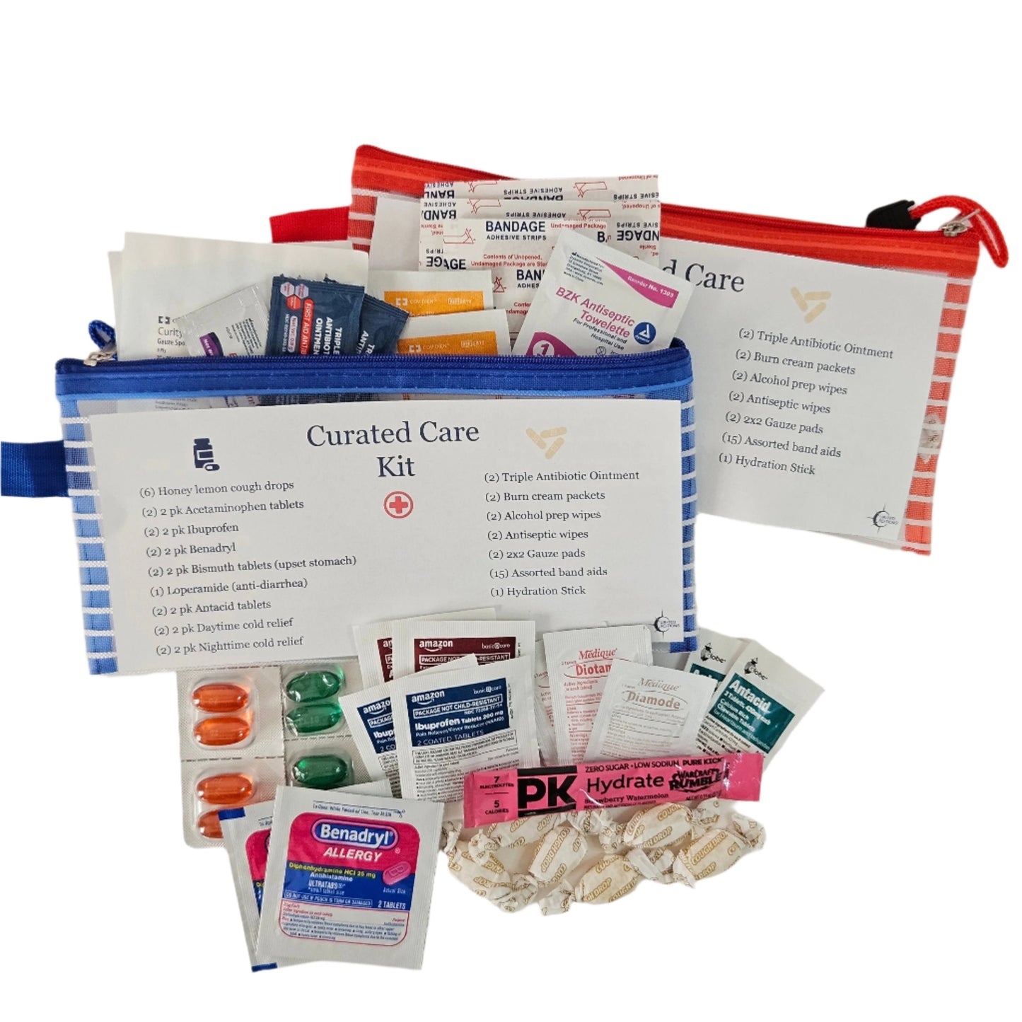 Curated Care Kit: Hand selected wellness items for cough and cold, fever, upset stomach, along with first aid essentials.