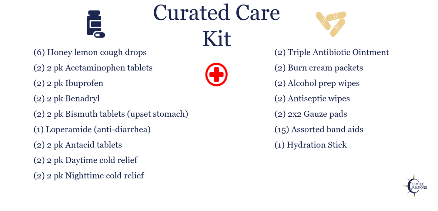Curated Care Kit: Hand selected wellness items for cough and cold, fever, upset stomach, along with first aid essentials.