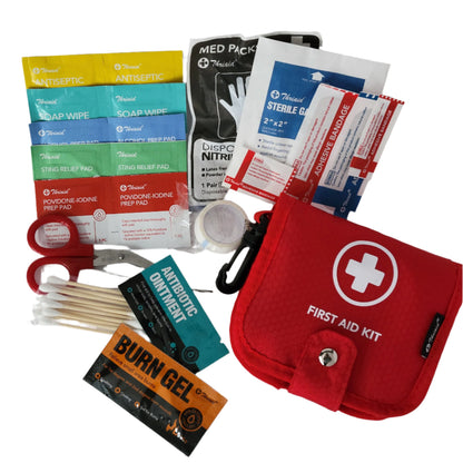 Compact first aid kit with essential supplies for minor injuries, perfect for home, travel, or emergencies.