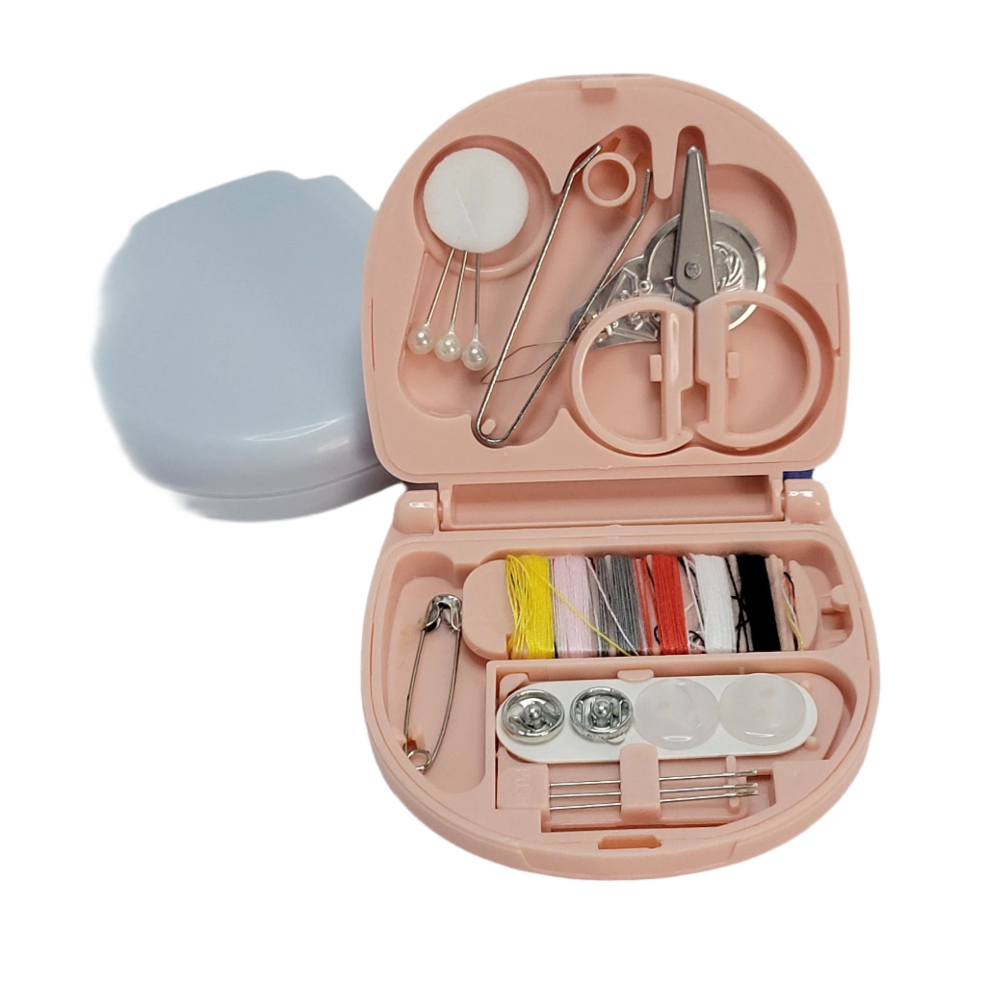 Compact micro sewing kit with essential tools for quick repairs on the go, including needles, thread, and buttons.