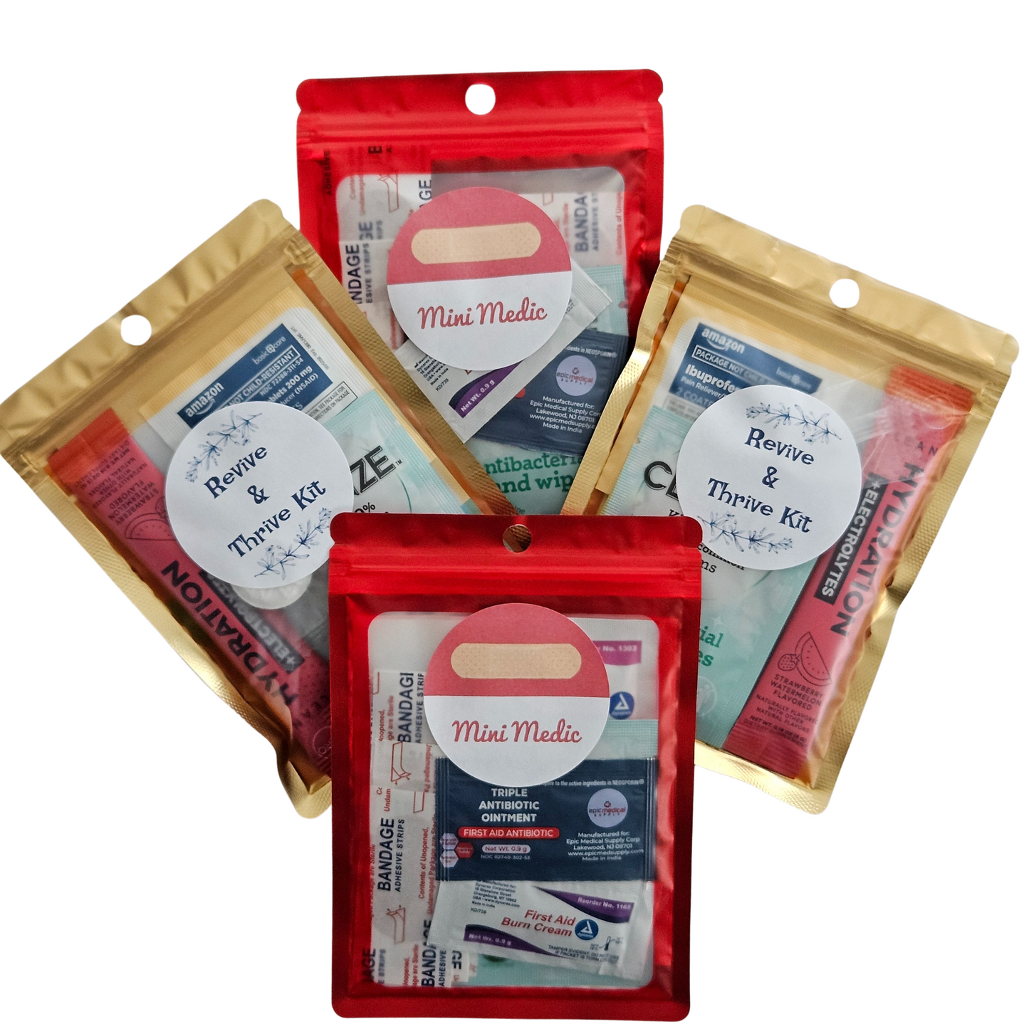 Set of 4 Quick Care Kits, featuring 2 Mini Medic Kits and 2 Revive & Thrive Kits, packed with essentials for first aid and wellness.