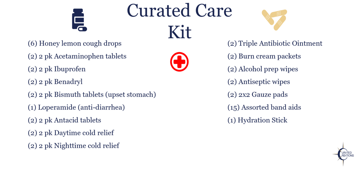 Curated Care Kit:  Hand selected wellness items for cough and cold, fever, upset stomach, along with first aid essentials.