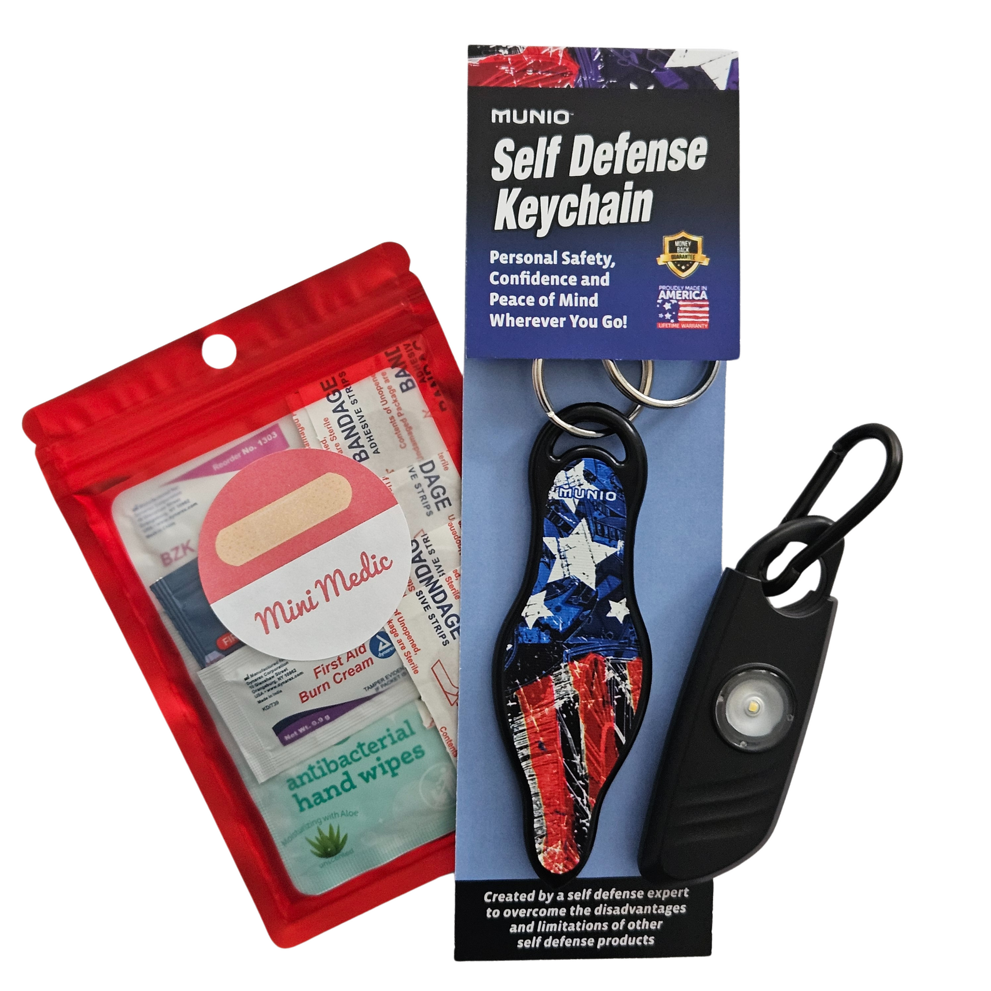 Compact and affordable, the Mini Essentials Kit includes a personal alarm, Mini Medic Kit, and MUNIO self-defense keychain.