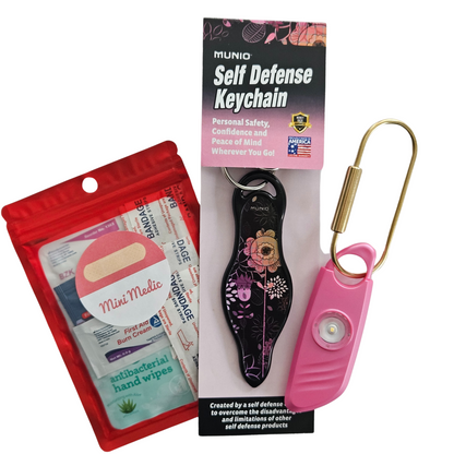 Compact and affordable, the Mini Essentials Kit includes a personal alarm, Mini Medic Kit, and MUNIO self-defense keychain.