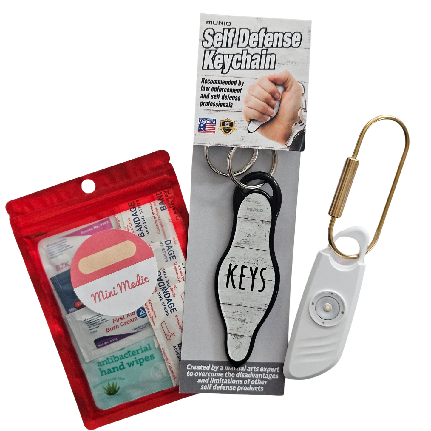 Compact and affordable, the Mini Essentials Kit includes a personal alarm, Mini Medic Kit, and MUNIO self-defense keychain.