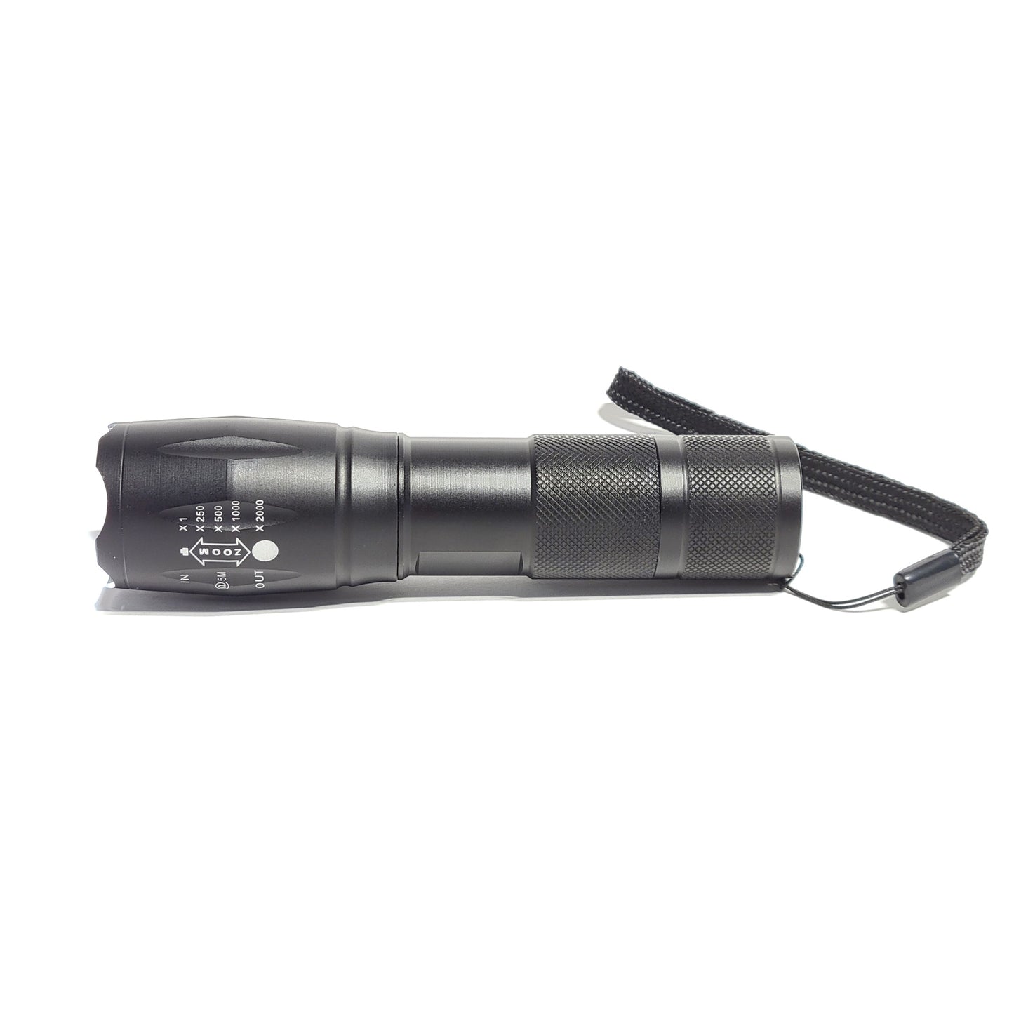 Multi-mode LED flashlight with strobe and SOS settings, ideal for emergency kits and outdoor adventures.