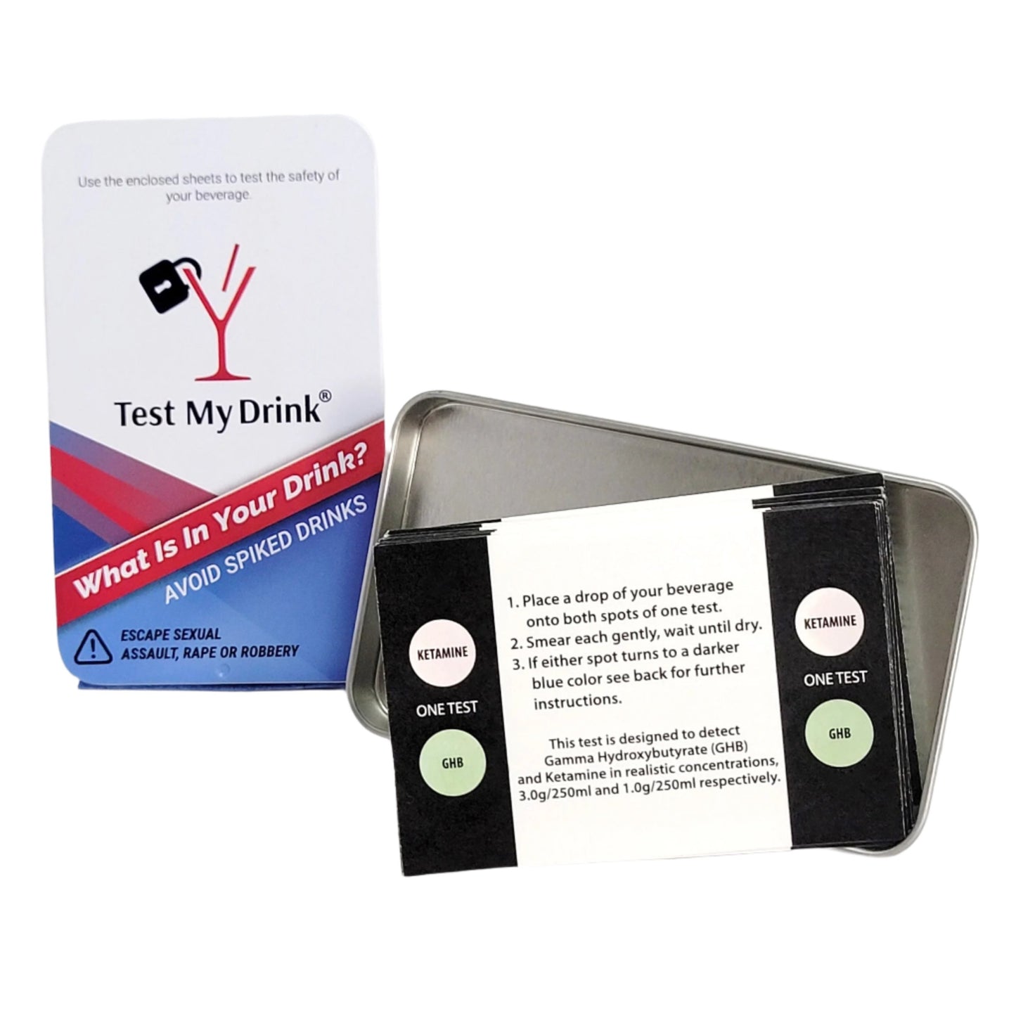 Test My Drink kit for detecting drink tampering and ensuring safety, includes easy-to-use test strips and instructions.