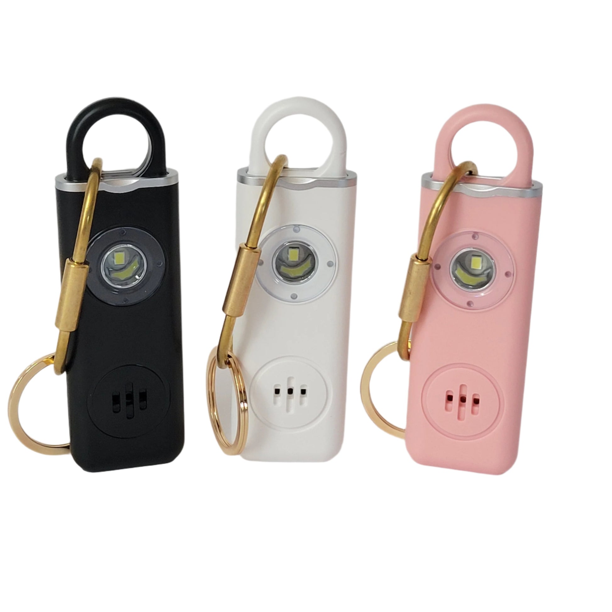 Rechargeable personal alarm with loud siren and flashing light.  Compact design for enhanced safety on the go.