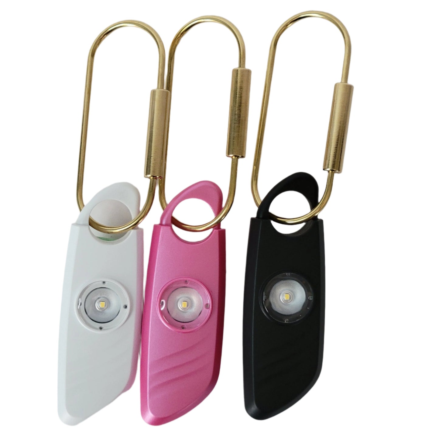 Compact battery-operated personal alarm for women creates loud siren when activated.  It comes in black, pink, or white.